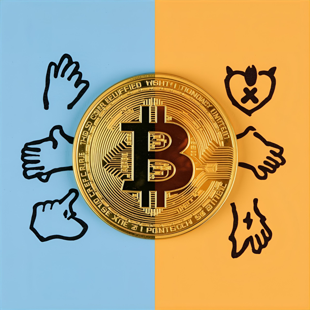 Bitcoin icon paired with nonprofit symbols