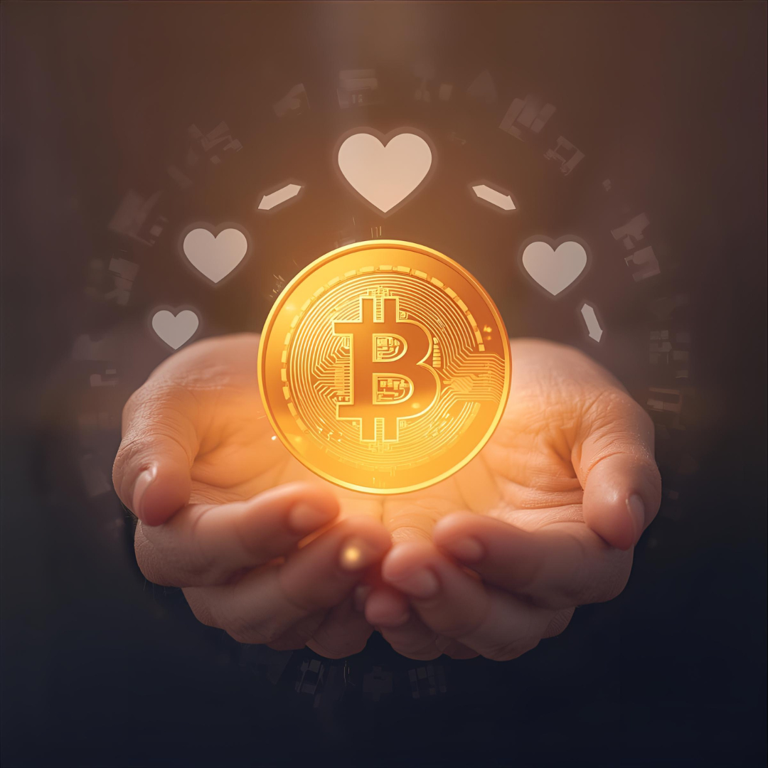 Bitcoin icon paired with nonprofit symbols